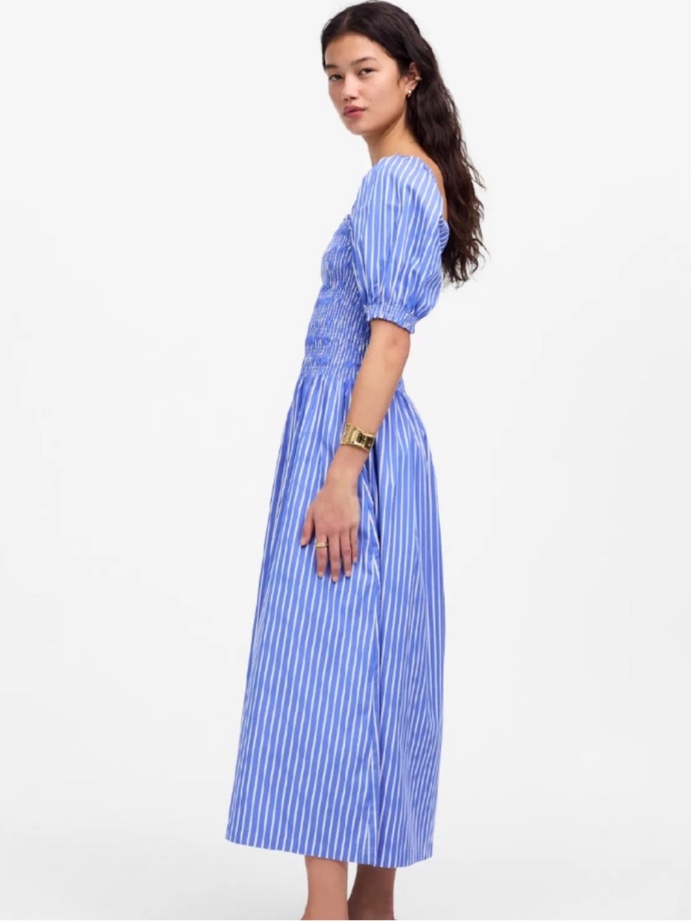 Madewell Blue & White Striped Smocked Midi Dress - Picture 3 of 4